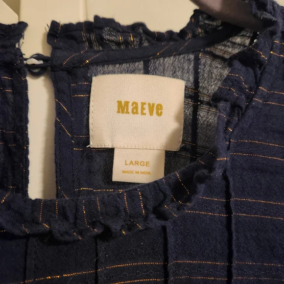 Anthropologie Maeve Reston Blouse | Navy Gold Metallic‎ Stripe Large, Like New! - Picture 3 of 10